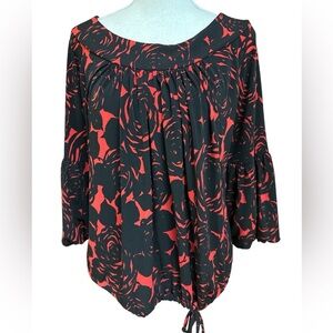 Woman Within Red/Black Floral Blouson Bell Sleeve Popover Top Elastic Hem wTie M